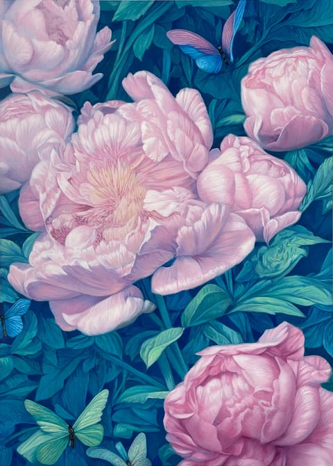 random seed 666333 (a peony surrounded by grey and black butterflies)