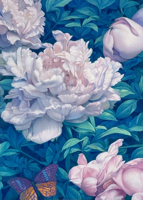 random seed 66663 (a peony surrounded by grey and black butterflies)