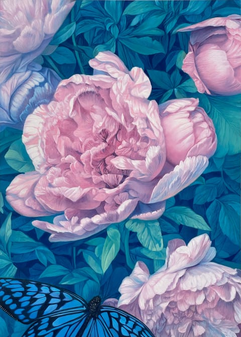 random seed 6666333 (a peony surrounded by grey and black butterflies)