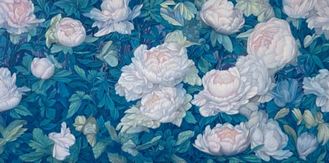 random seed 333777 (a peony surrounded by grey and black butterflies)