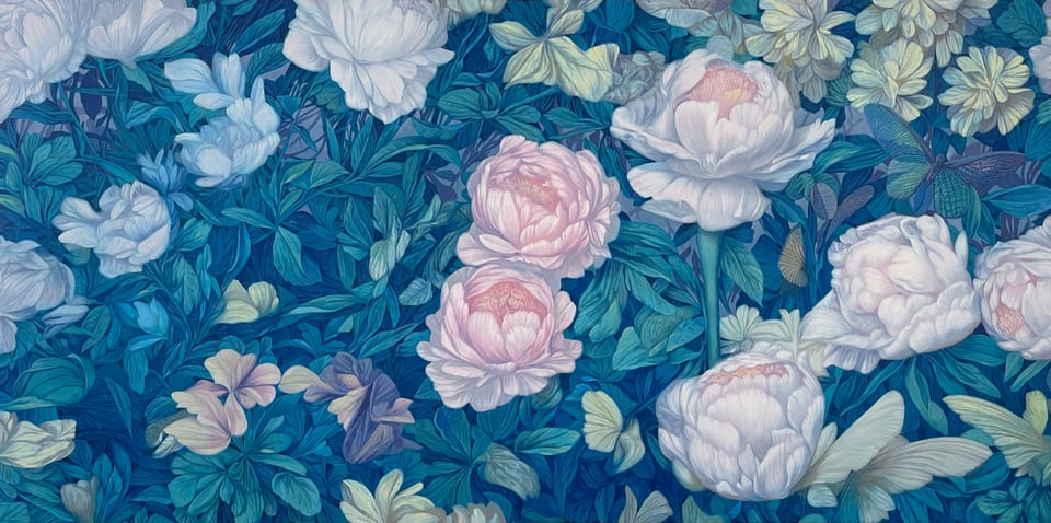 random seed 3337777 (a peony surrounded by grey and black butterflies)