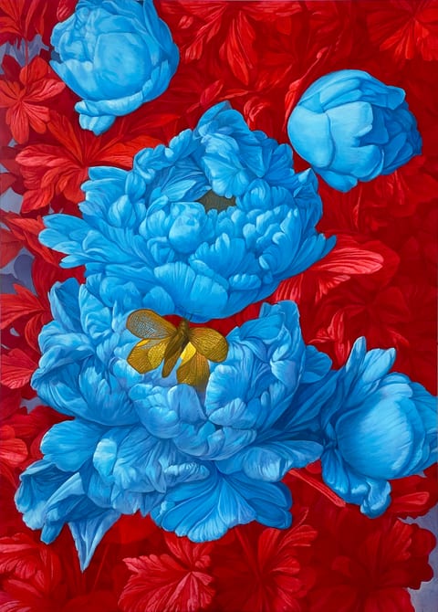 random seed 6666 (a peony surrounded by grey and black butterflies)