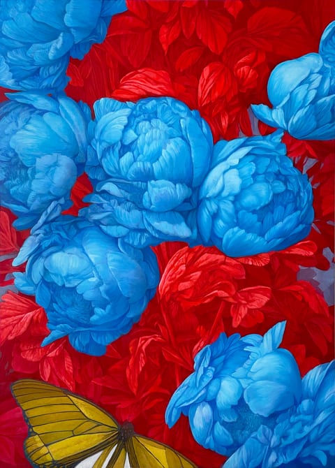 random seed 66663333 (a peony surrounded by grey and black butterflies)