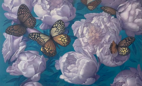 random seed 33337777 (a peony surrounded by grey and black butterflies)