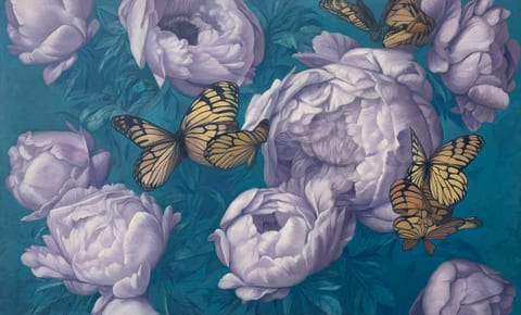 random seed 3337777 (a peony surrounded by grey and black butterflies)